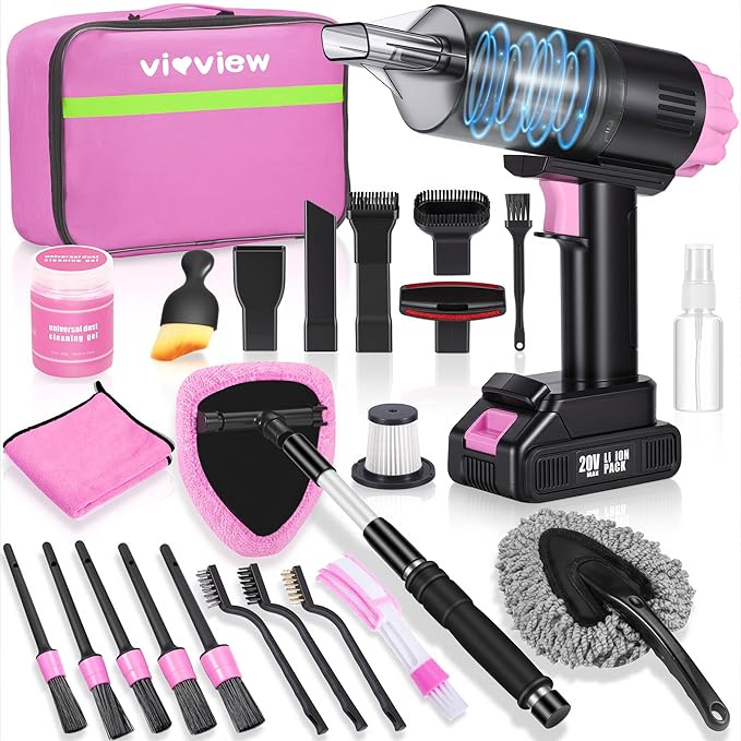 25pcs Car Cleaning Kit, Pink Interior Detailing Kit with High Power Vacuum Portable Cordless, Handheld Vacuum Cleaner for Home, Car, Pet Hair, Keyboard, Complete Auto Accessories for Gift
