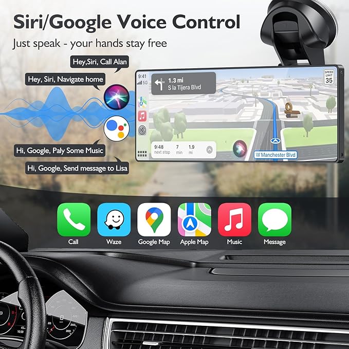 10.26" Portable Carplay Screen for Car, 4K HD Car Stereo Touch Screen with Apple CarPlay and Android Auto, 4K Dash Cam, 1080P Backup Camera, Mirror Link, Voice Control, Bluetooth, GPS, AUX/FM