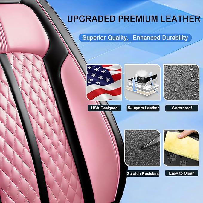 Fit HR-V Car Seat Covers for Honda HRV 2016-2025 2026 LX/EX/EXL/Sport - Full Coverage Leather, Airbag Compatible, Breathable Waterproof All Weather Seat Protector, Front Pair Black+Pink