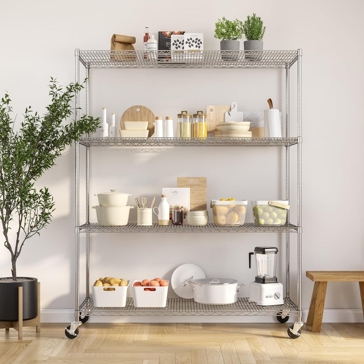Seville Classics UltraDurable Heavy Duty NSF Solid Steel Wire Rack Storage Unit, Organizer for Garage, Warehouse, Office, Restaurant, Classroom, Kitchen, Steel, 4-Tier Shelving, 60" W x 24" D