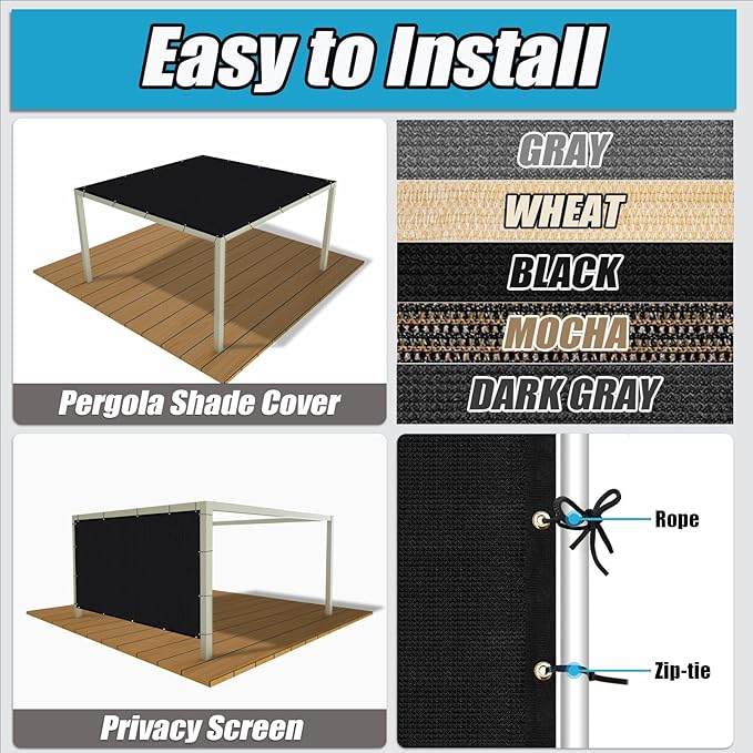 Amagenix 90% Shade Fabric 10'X 16' Black Sun Shade Cloth with Grommets for Pergola Replacement Shade Cover Canopy, Heavy Duty, Cable Zip Ties Included (We Customized)