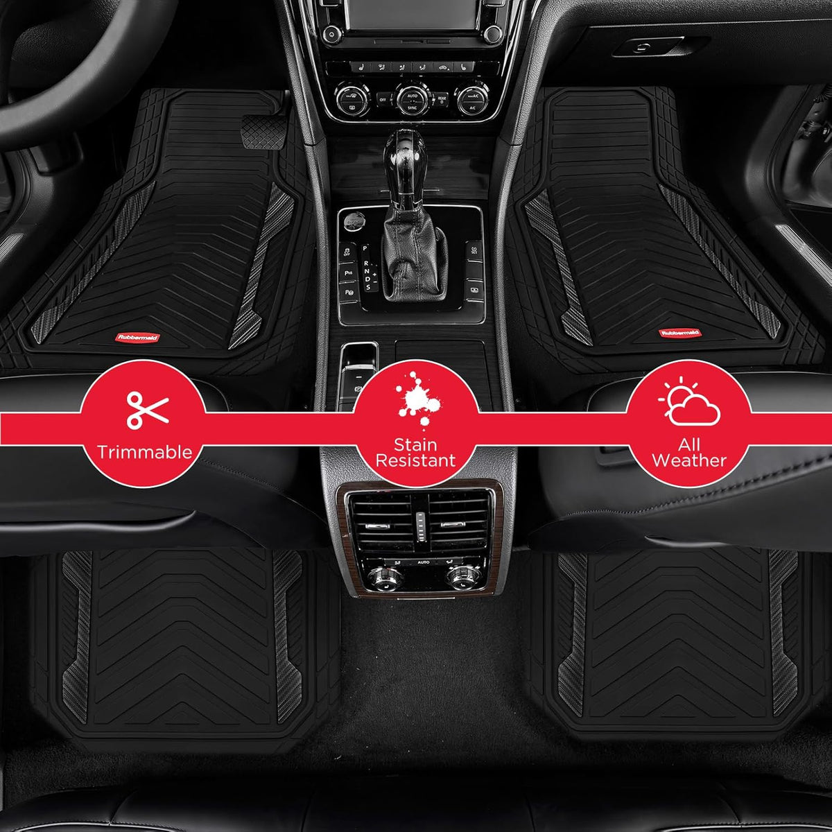 Rubbermaid Car Floor Mat, Heavy Duty All-Weather Car Mats Full Set with Dual-Tone Black Aluminum Inserts – Universal Fit, Anti-Slip Backing, Trim-to-Fit for Most SUV, Sedan, Van