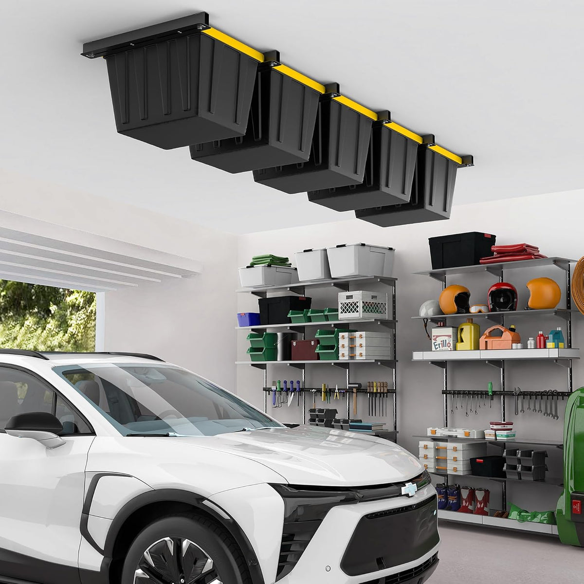 EVERHANGER Ceiling Storage Rack, Heavy Duty Overhead Garage Storage Rack, Adjustable Ceiling Bin Storage System, 6 Sets for 5 Bins, 26 Inch