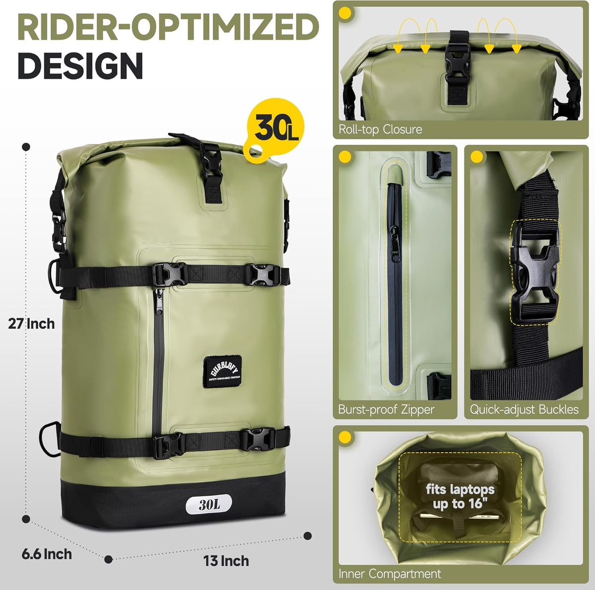Motorcycle Saddle Bag, 30L Waterproof Motorcycle Tail Bag, 2 Size and 3 Color Options Travel Bag, PVC Bag, Rear Seat Bag, Field Green GT-30GN