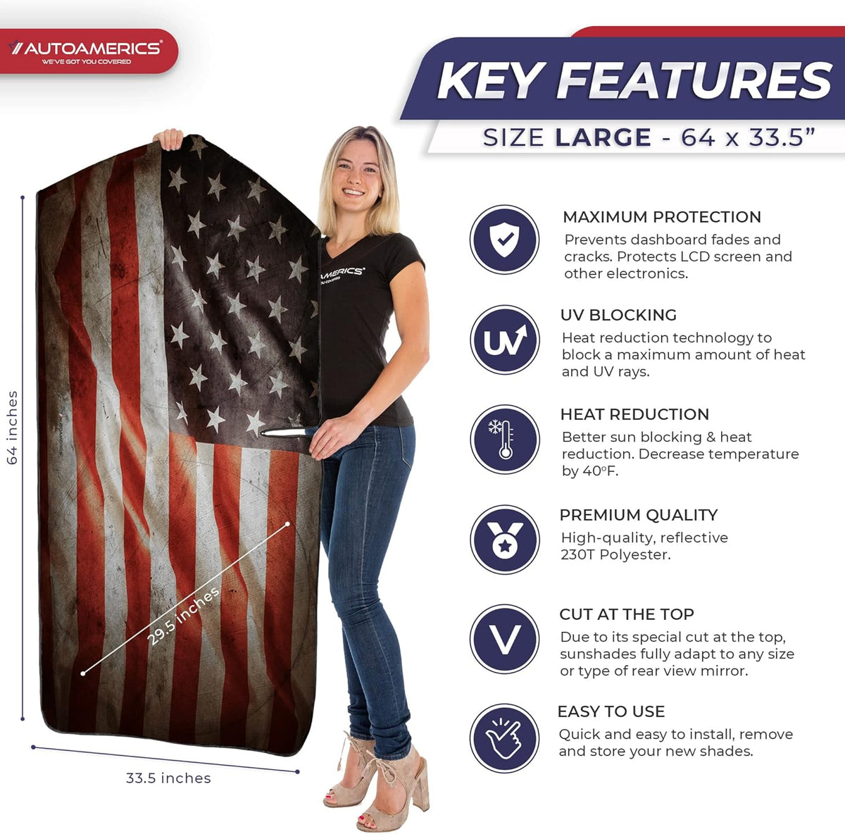 Autoamerics 1-Piece Windshield Sun Shade Grunge American Flag - 1 USA Design - Foldable Car Front Window Sunshade for Most Sedans SUV Truck - Blocks Max UV Rays and Keeps Your Vehicle Cool - Large