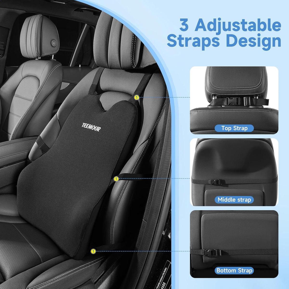 Lumbar Support Pillow for Car Improve Lower Back Pain Relief & Sitting Posture Back Support Memory Foam Back Cushion for Driving, Lumbar Comfort for Long Sitting, Truck with Three Adjustable Straps