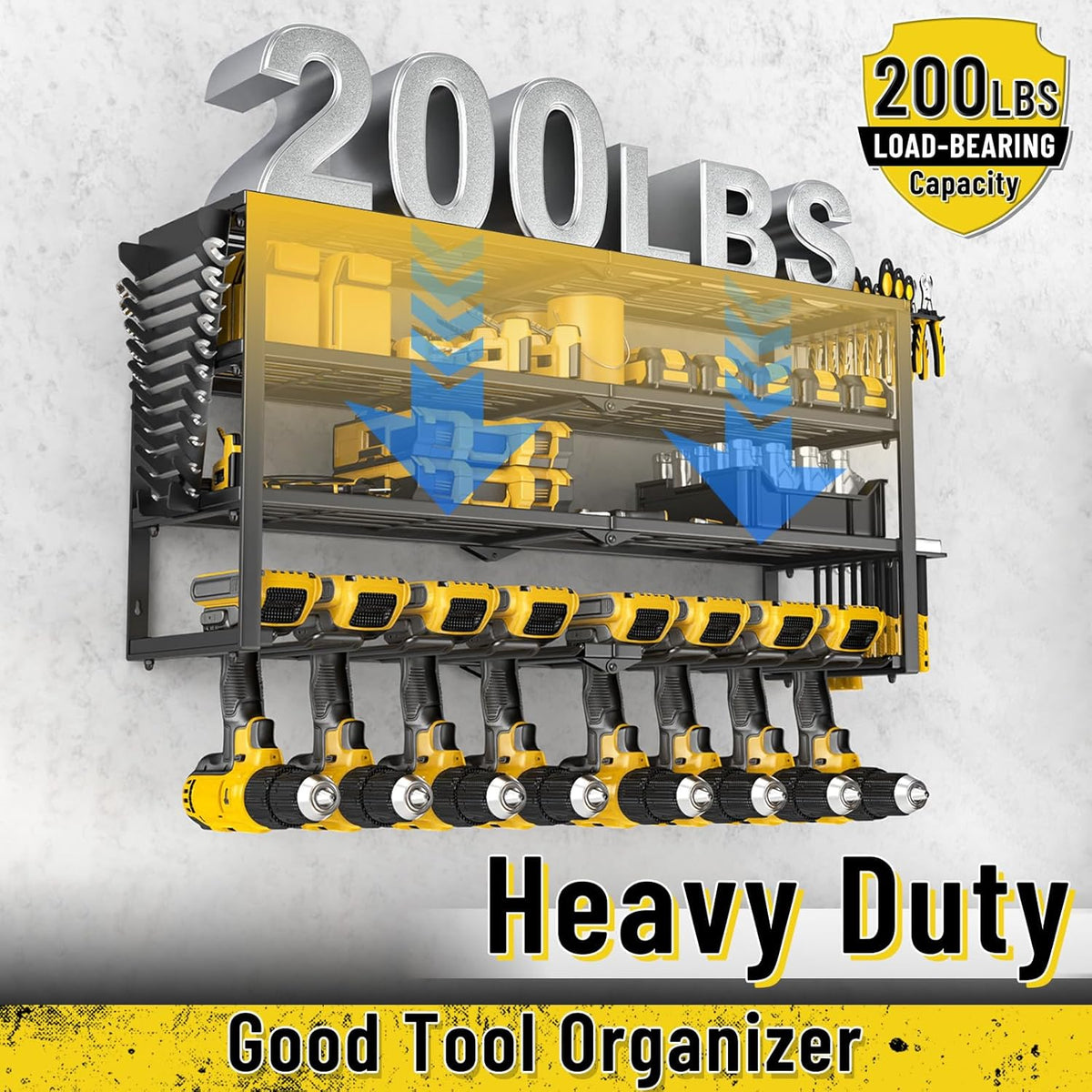 Heavy Duty Power Tool Organizer Wall Mount, Cordless Drill Hanger Storage Rack, Battery Tool Holder Utility Rack with Side Wrench Rack for Garage Workshop-32 Inch 8 Slots