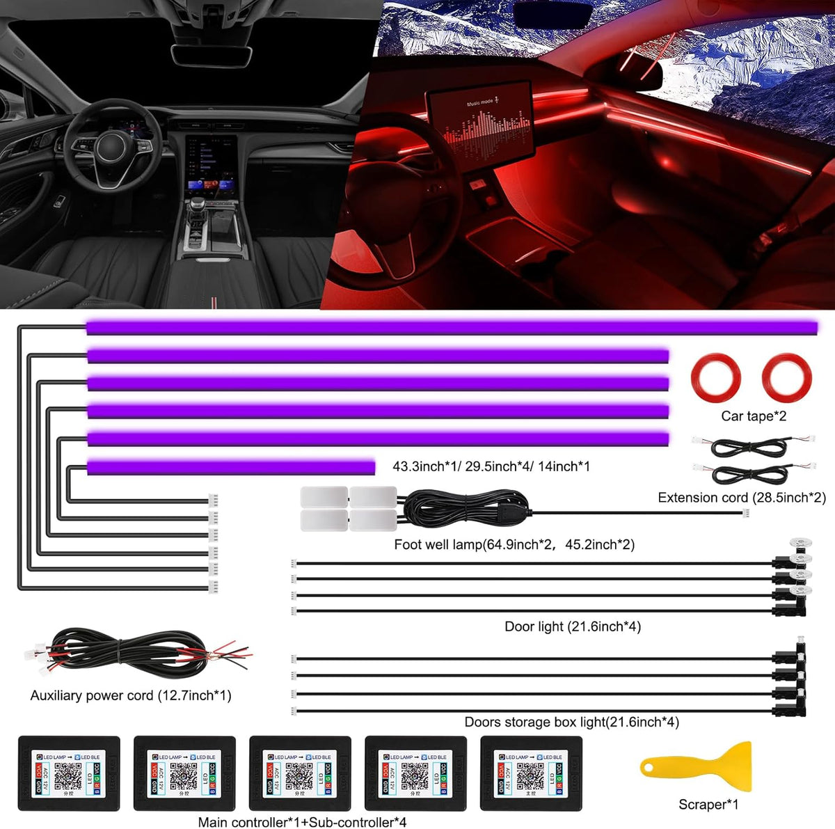 Acrylic Interior Car LED Strip Light with Wireless APP, Car Accessories 18 in 1 with 175 inches 593 LEDs Fiber Optic Ambient Lighting Kits, RGB Dynamic Music Sync Neon LED Strip Light for Car