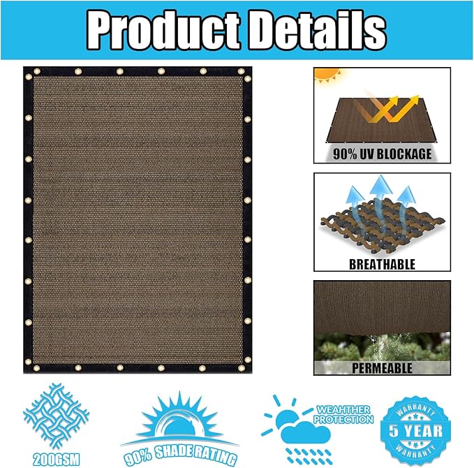 Amagenix 90% Shade Fabric 16'X 18' Mocha Sun Shade Cloth with Grommets for Pergola Replacement Shade Cover Canopy, Heavy Duty, Cable Zip Ties Included (We Customized)