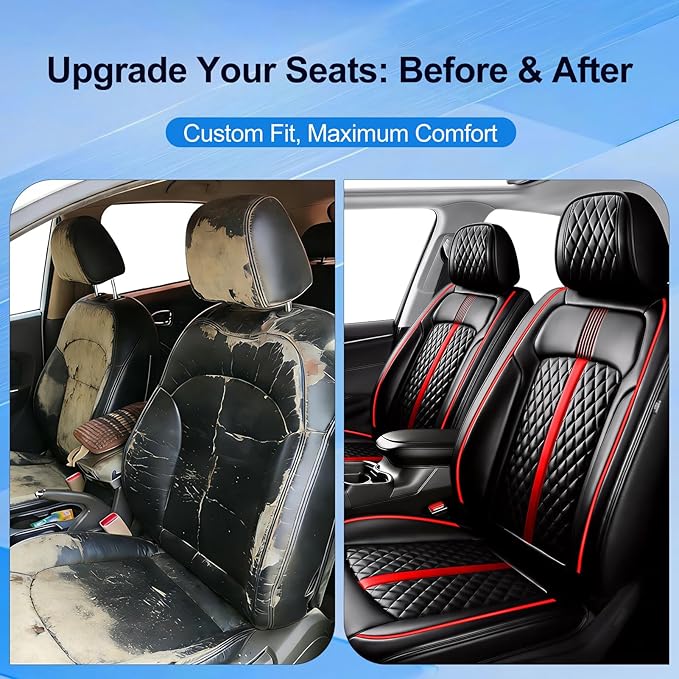 Fit Equinox Car Seat Covers (Front Pair) for Select Chevrolet/Chevy Equinox 2007-2026 - Premium Full Coverage Leather, Airbag Compatible, Waterproof All Weather Seat Protector, Red Trim
