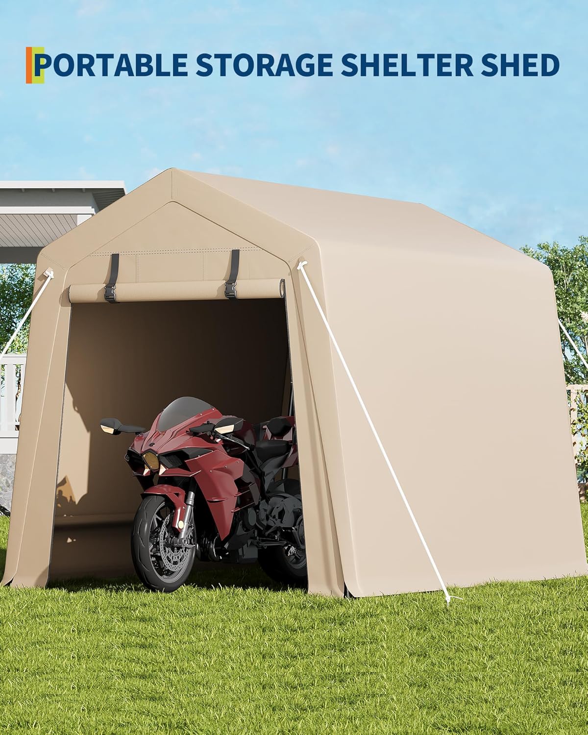 6x8 Ft Carport Heavy Duty Tent with Roll-Up Windows, Portable Garage with Removable Sidewalls & Doors, Car Canopy All-Season Tarp for Car Boat Truck Motorcycle, Khaki
