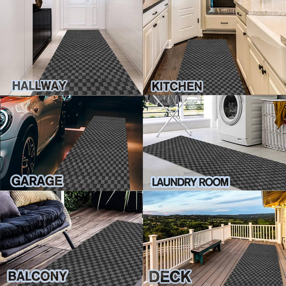 Custom Size Backed Non-Slip Area Rugs Runner, Easy Clean, Waterproof Runner Rugs for Hallway Entryway, Kitchen, Laundry, 4FT x 55FT, Gray Checkered