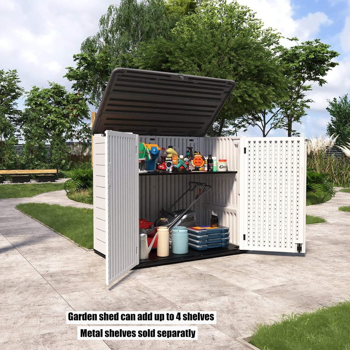 Resin Outdoor Storage Shed, 38 cu.ft Outdoor Storage Box Waterproof for Garden Tools, Patio Furniture, Trash Cans, Garage Storage, Customized Shelves & Lockable (Off White)