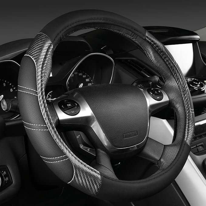 CAR PASS Leather Steering Wheel Cover and Waterproof Car Floor Mats,Microfiber Universal Car Combo Fit for 95% Sedan,SUV,Cars,14.5-15inch Sporty Anti-Slip Safety Comfortable Design(Carbon Fiber Black)