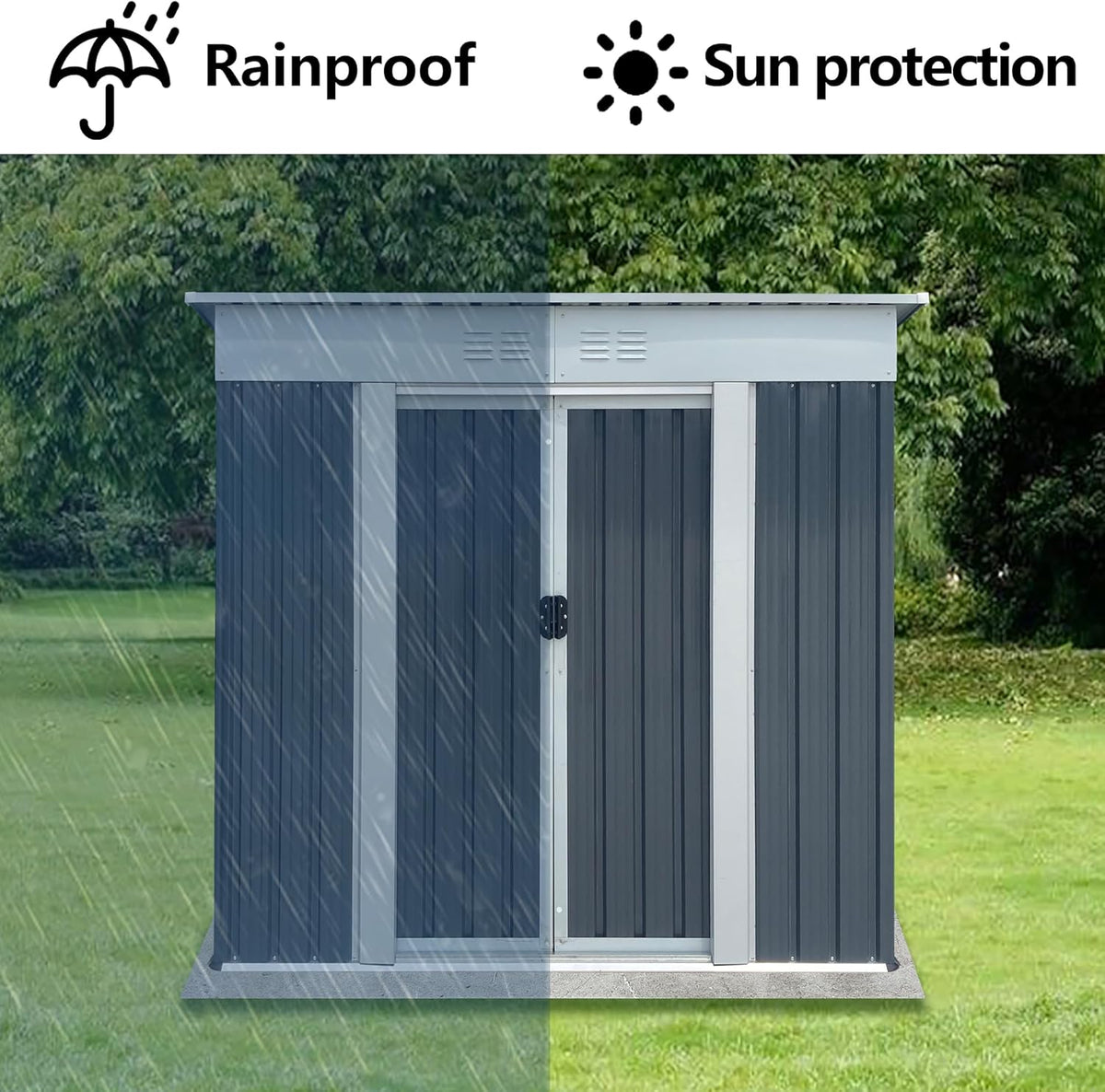 6x4 FT Outdoor Storage Shed with Sloping Roof, Waterproof Metal Garden Sheds w/Lockable Sliding Doors and Vents, Weather Resistant Tool Storage House for Backyard, Patio, Lawn, Grey