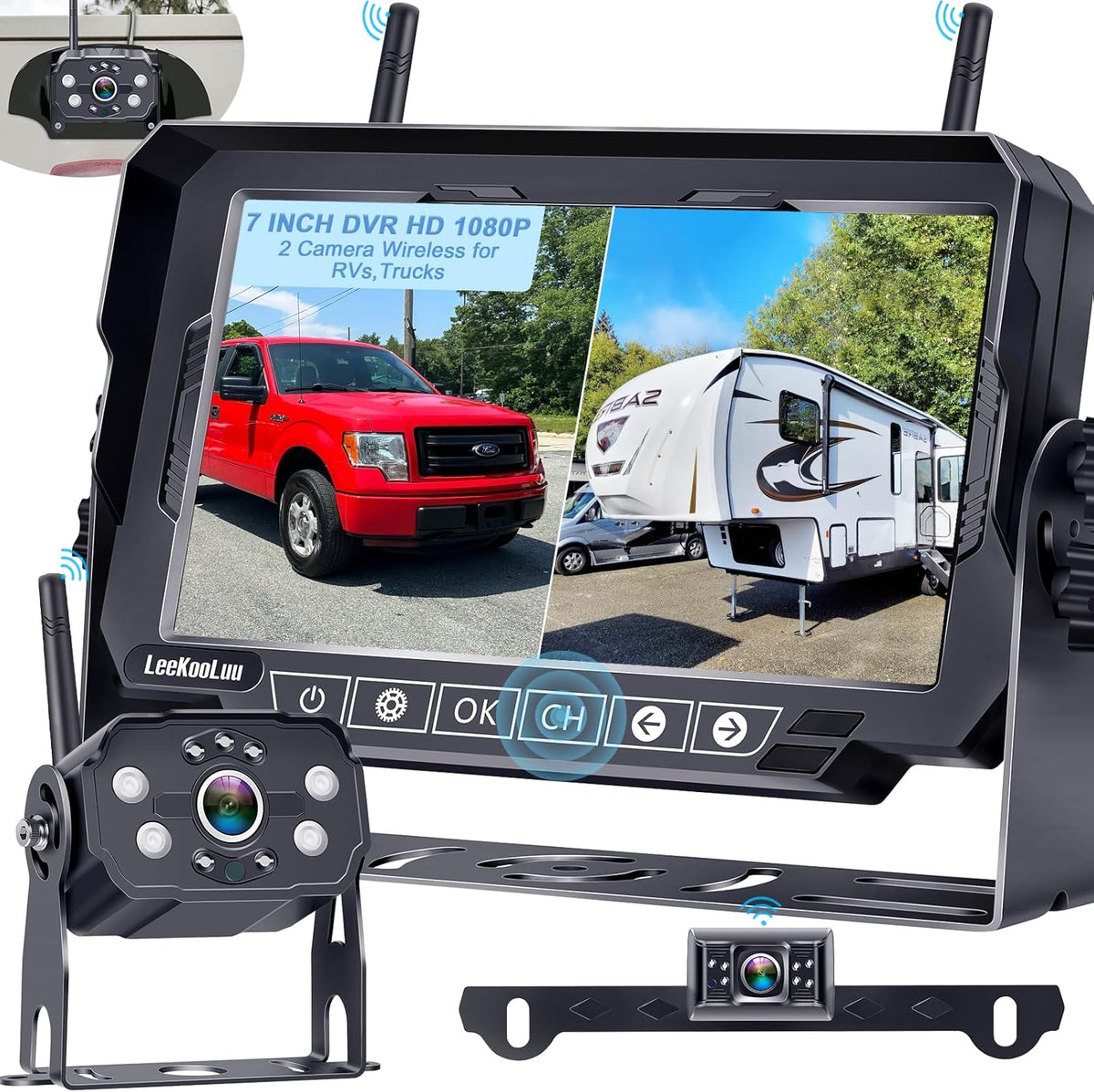 Dual RV Backup Cameras Wireless - Ease Install Plug-Play Recording HD 1080P 7'' Touch Key Monitor Trailer Truck Rear View Cam Night Vision Signal No-Delay 4 Channels for Furrion Pre-Wired Mount