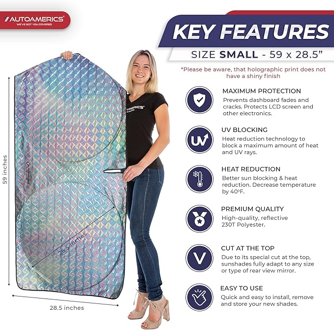 Autoamerics 1-Piece Windshield Sun Shade - Holographic Print Foldable Car Front Window Sunshade for Cars SUV Truck - Heat Blocker Visor Protector Blocks Max UV Rays and Keeps Your Vehicle Cool - Small