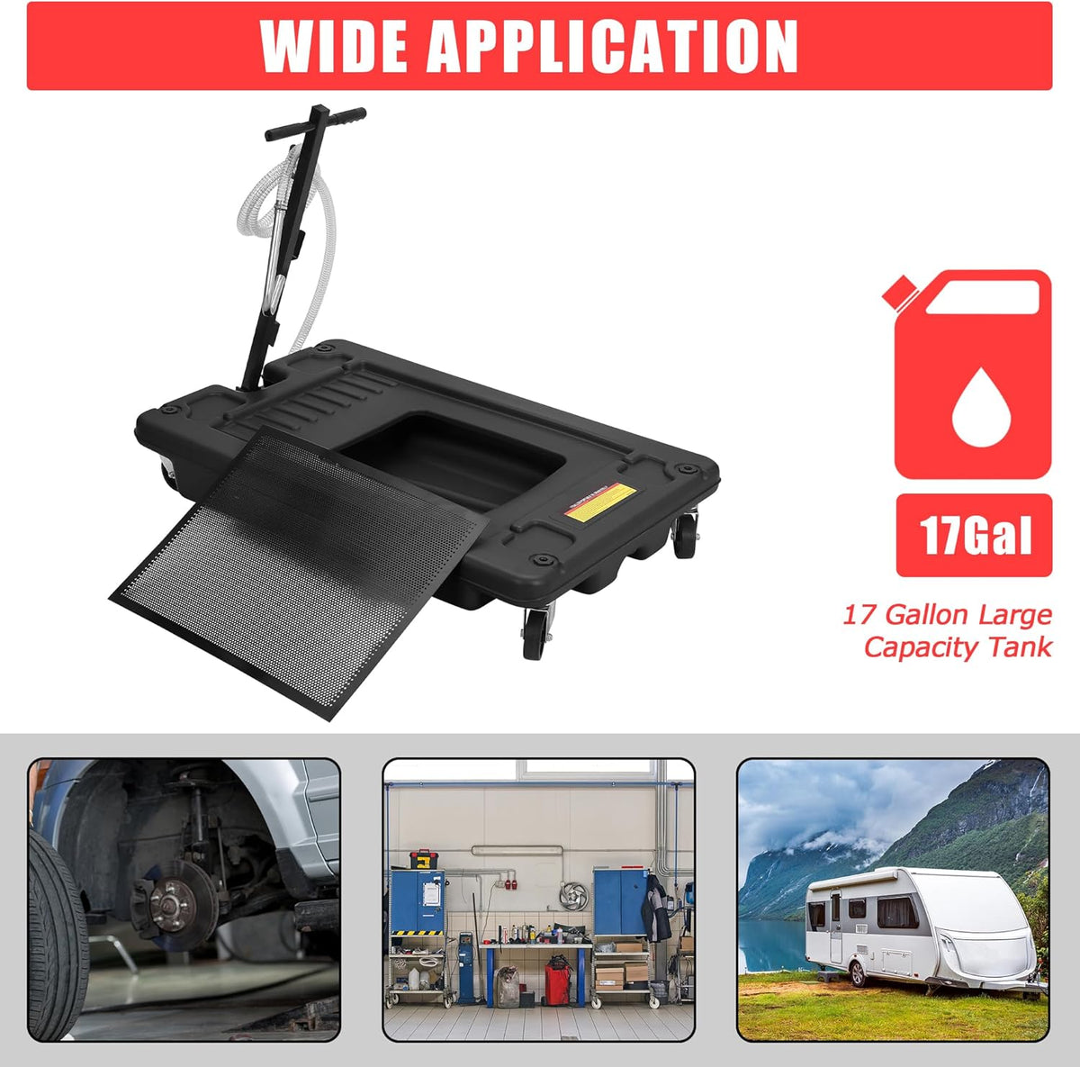 ‌17 Gal Electric Oil Drain Pan, Low Profile Mobile Oil Changing Pan with Hand Pump, 8 Ft Hose & Quick Drain Valve, Leak-Proof Design for Truck Car Motorcycle, Garage Workshop Use