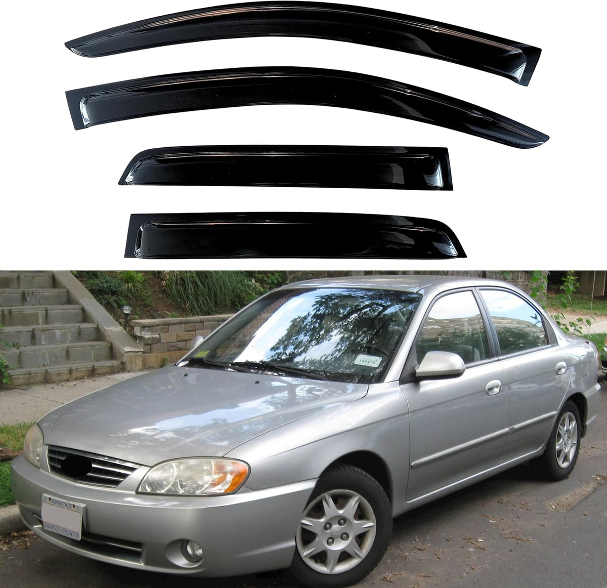KPY Window Visors Compatible with Kia Spectra Sedan 2001-2004, 4PC Rain Guard Side Vent Deflectors Tape-On Style, 2001 2002 2003 2004 (Sedan Only)