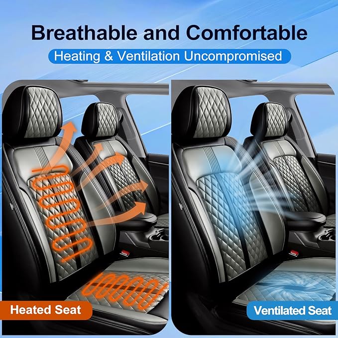 Fit Ridgeline Car Seat Covers for Select Honda Ridgeline 2007-2026 - Premium Full Coverage Leather, Airbag Compatible, Waterproof & All Weather Seat Cushion Protector, Front Pair Black+Gray