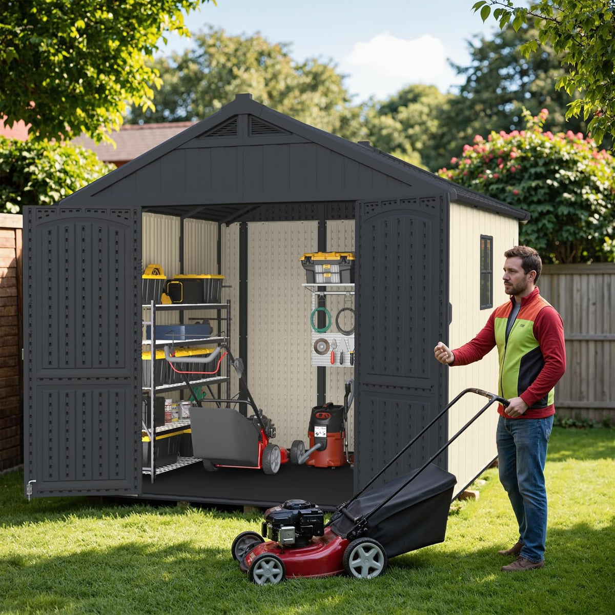 Greesum 8×8 FT Plastic Outdoor Storage Shed with Floor, Resin Sheds with Window and Lockable Door, Weather Resistant Organization for Garden, Lawn, Pool Supplies, Beige