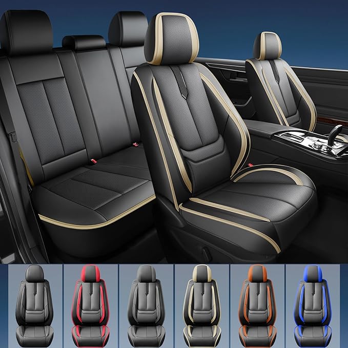 Fit Elantra Car Seat Covers for Hyundai Elantra 2017-2024 2025 2026 -Upgraded Premium Waterproof & Breathable Leather,Airbag Compatible,All-Weather Seat Cushion Protector,2 Front/Black-Beige
