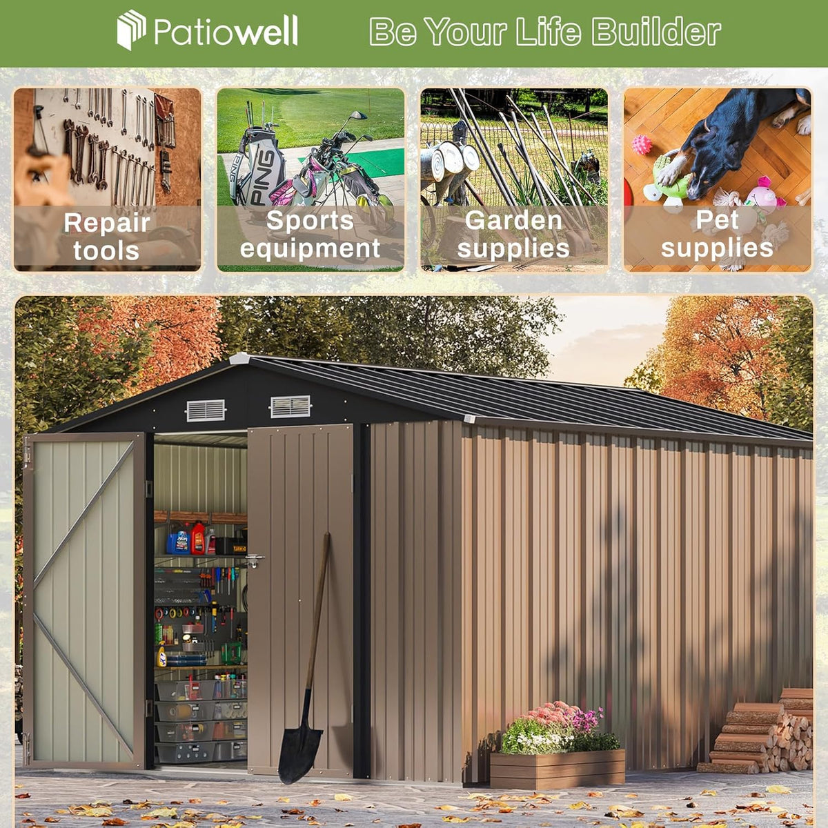 Patiowell 8x10 FT Outdoor Storage Shed with Floor Frame, Large Garden Tool Metal Shed with Sloping Roof and Double Lockable Door, Outdoor Shed for Backyard Garden Patio Lawn,Brown