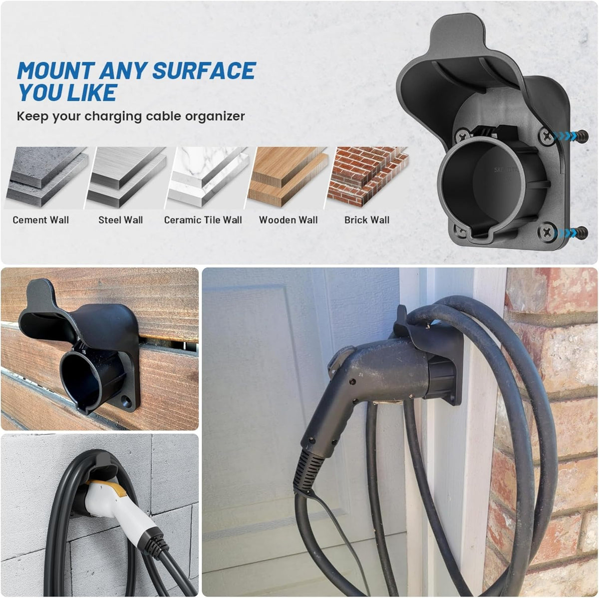 MECMO EV Charger Holder SAE J1772 Wall Mount Charging Cable Hanger Organizer, Nozzle Holster Dock Electric Vehicle EVSE PHEV Car Plug Space Saving Garage Wall Connector Cord Hook for Outdoor Indoor