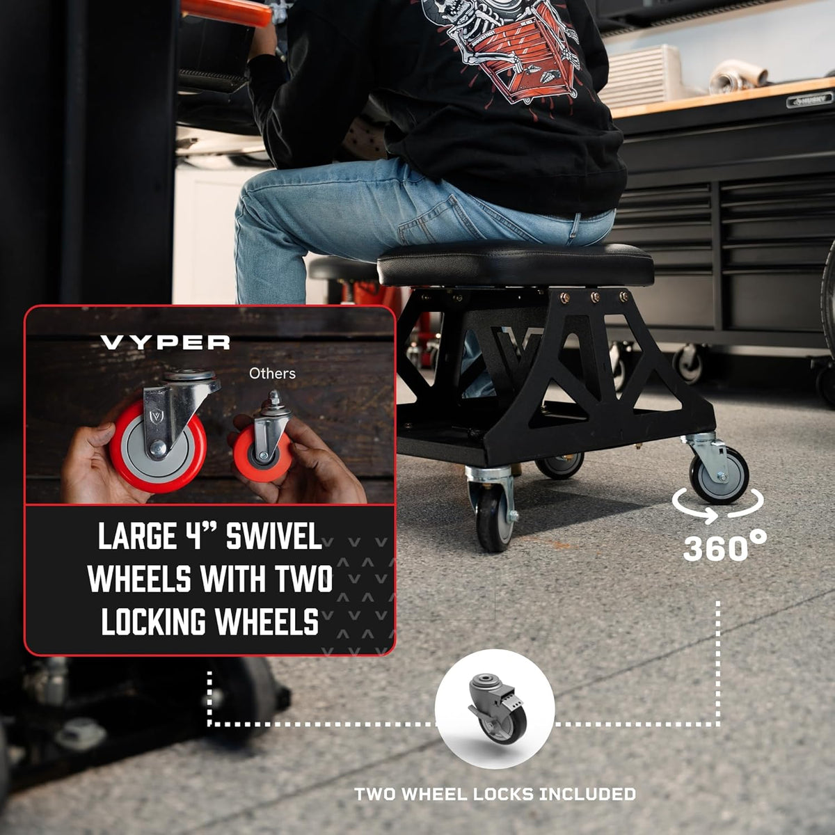 Vyper Low Pro Garage Stool with Removable Seat for Mechanics, Automotive, DIY - 400 lb Capacity Rolling Shop Chair (Black Seat, Black Frame)