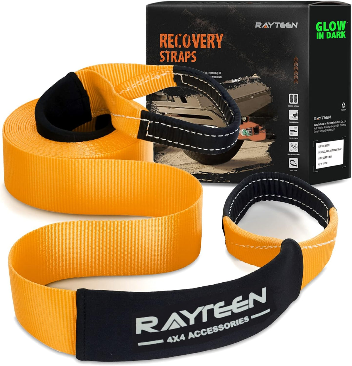 Genuine 33,000lb Xtreme Heavy Duty Recovery Tow Strap | 20ft x 4in Vehicle Tow Strap with Reflective Sleeve & Reinforced Loops | Suits for 4x4 Offroad UTV ATV Trucks Boats