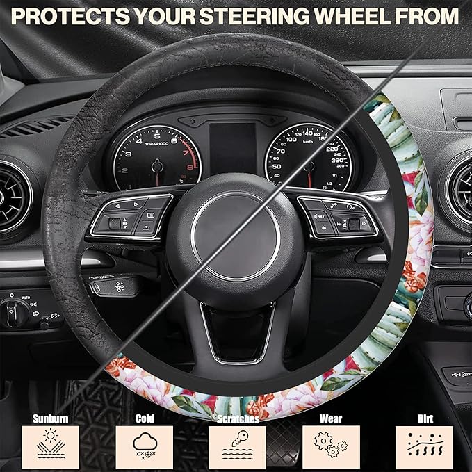 Watercolor Cactus Car Steering Wheel Cover, Flowers Roses Non-Slip Absorbing Sweat Car Wheel Cover Accessories for Men Women,Universal 15" Fit Auto SUV Vans Trucks