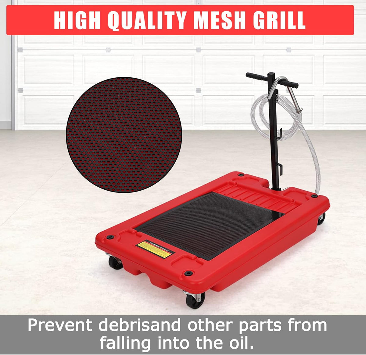 ‌17 Gal Electric Oil Drain Pan, Low Profile Mobile Oil Changing Pan with Hand Pump, 8 Ft Hose & Quick Drain Valve, Leak-Proof Design for Truck Car Motorcycle, Garage Workshop Use