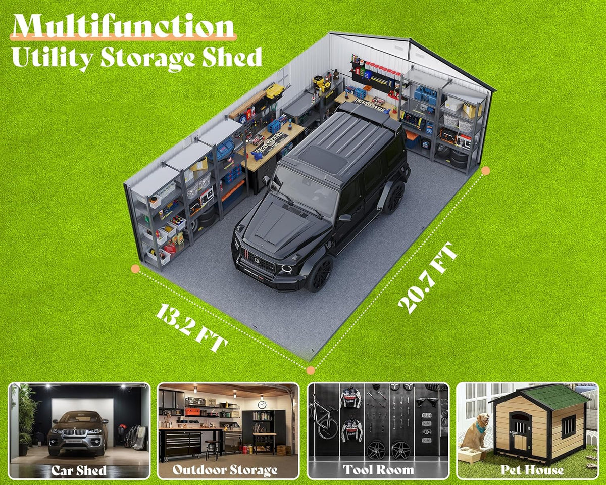 AMERLIFE 13.2x21x8.4 FT Outdoor Metal Garage Shed, Extra Large Storage Shed with Double Hinged Doors, 4 Windows, Carport for Car, Truck, Bicycle and Lawn Equipment, Dark Grey