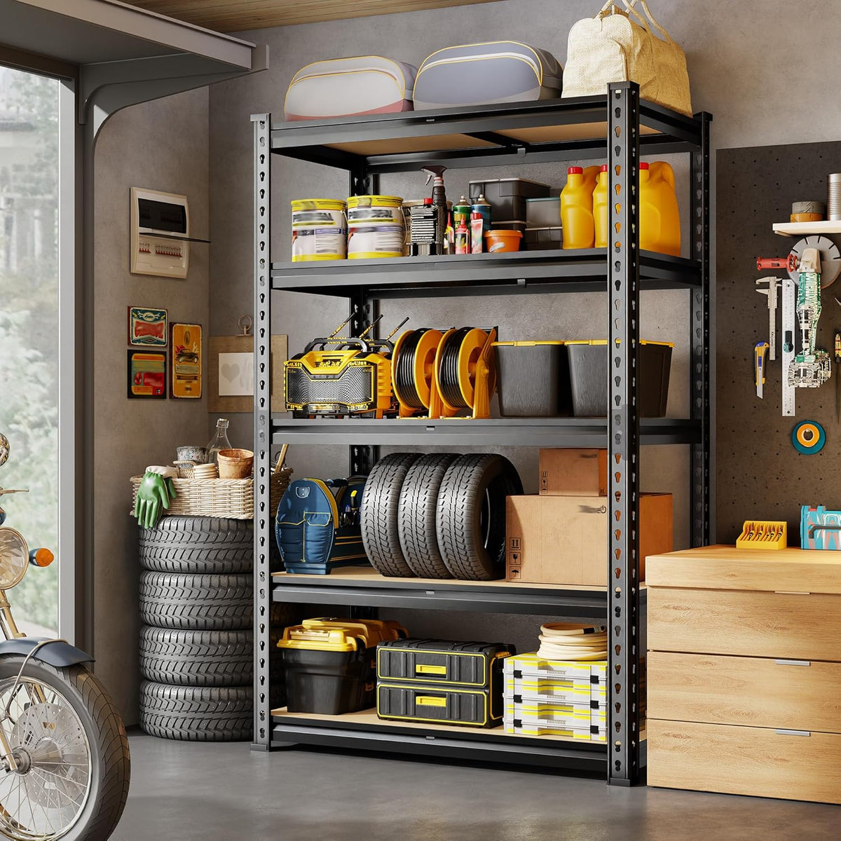 72.12" H Garage Shelving, Storage Shelves Load 2100LBS, 5-Tier Adjustable Shelving Unit with Thickened Wooden Boards for Multiple Scenarios, 72.12" H x 35.55" W x 11.85" D, Black, 3 Pack