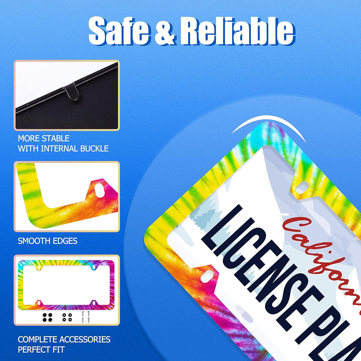 Colorful Hippie Tie Dye License Plate Frame Beautiful License Plate Stainless Steel Parts Funny License Plate Decorative with Screws Size 12.3" x 6.3" Women