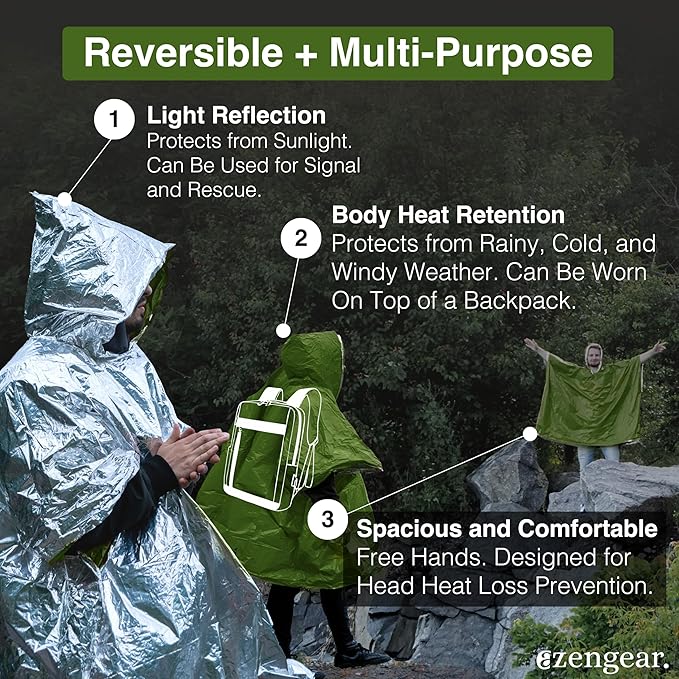 aZengear Emergency Survival Poncho (4pc) Thermal Mylar Foil Blanket for Heat Retention and Rain | Reversible with Hood | Waterproof, Windproof, Portable, Hands-Free, Outdoor Kit (Green)