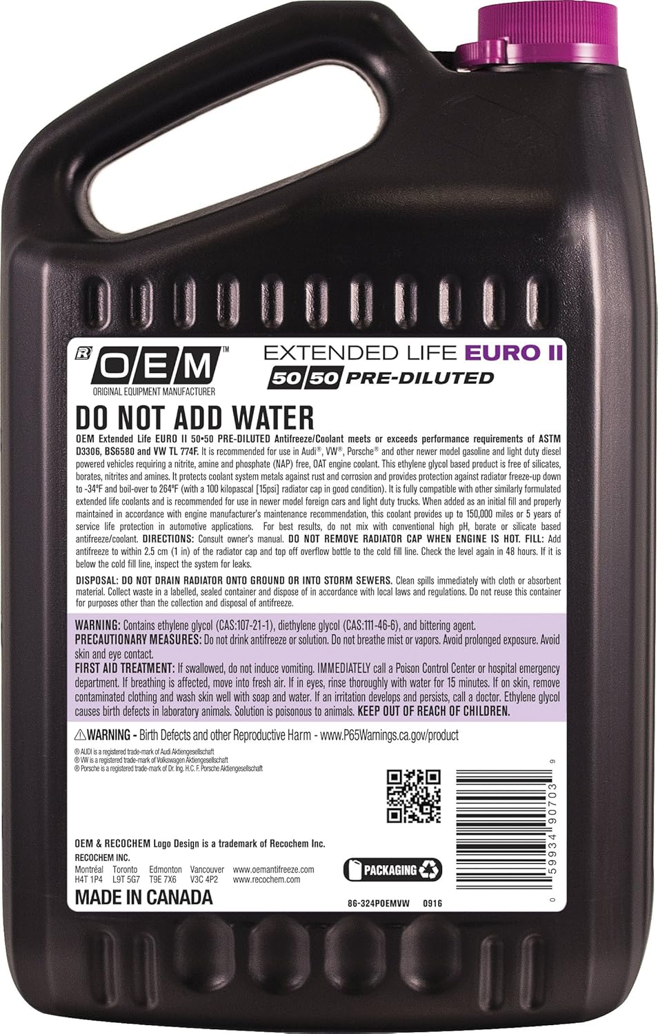 OEM Recochem European Vehicles Premium Antifreeze 50/50 Extended Life Coolant Purple, 1 Gallon, 4 Pack
