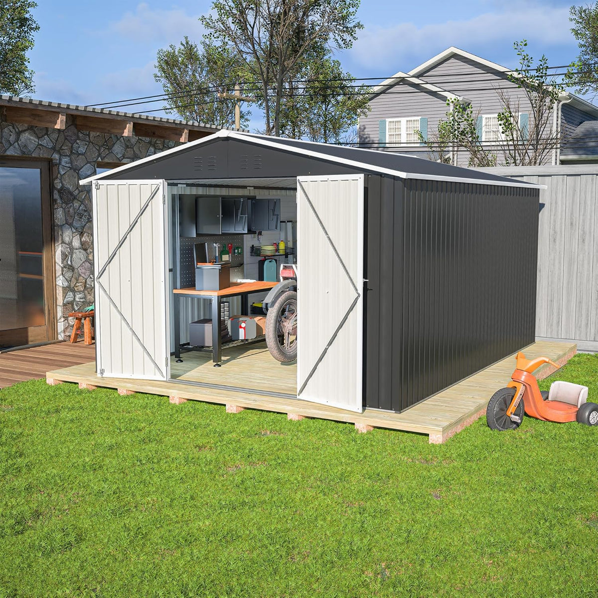 Outdoor Storage Shed 10x12 FT, Utility Metal Tool Storage with Lockable Doors and Updated Frame Structure, Large Metal Garden Shed for Backyard, Patio Lawn, Black