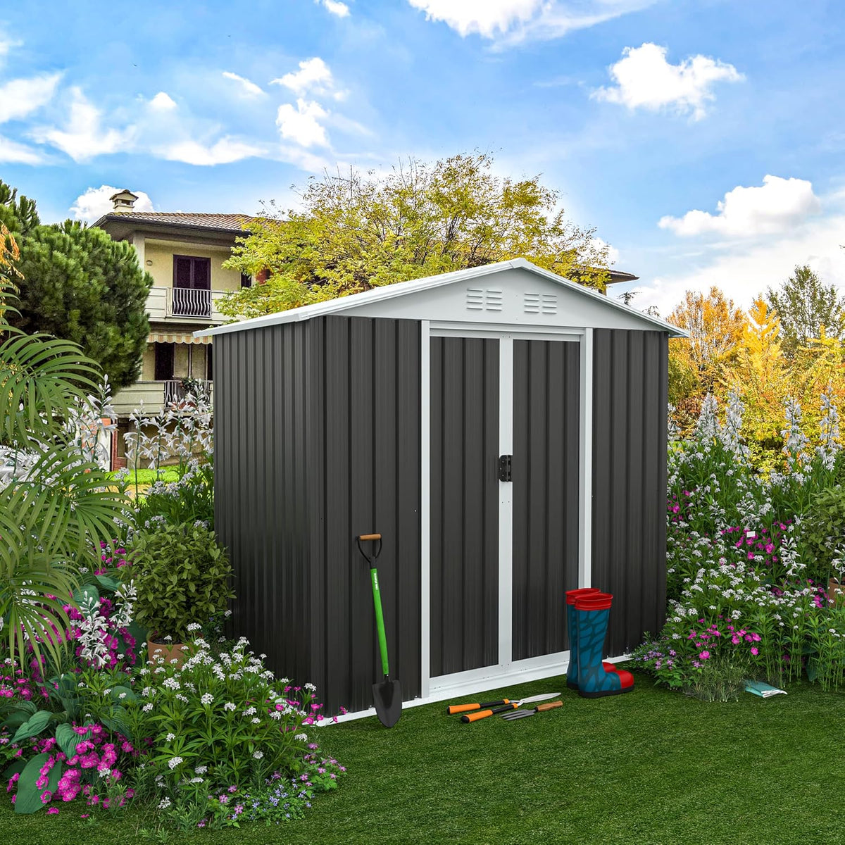 6x4 FT Outdoor Metal Storage Shed, Waterproof Outside Garden Sheds w/Lockable Sliding Doors and Vents, Weather Resistant Steel Tool Storage House for Backyard, Patio, Lawn, Grey