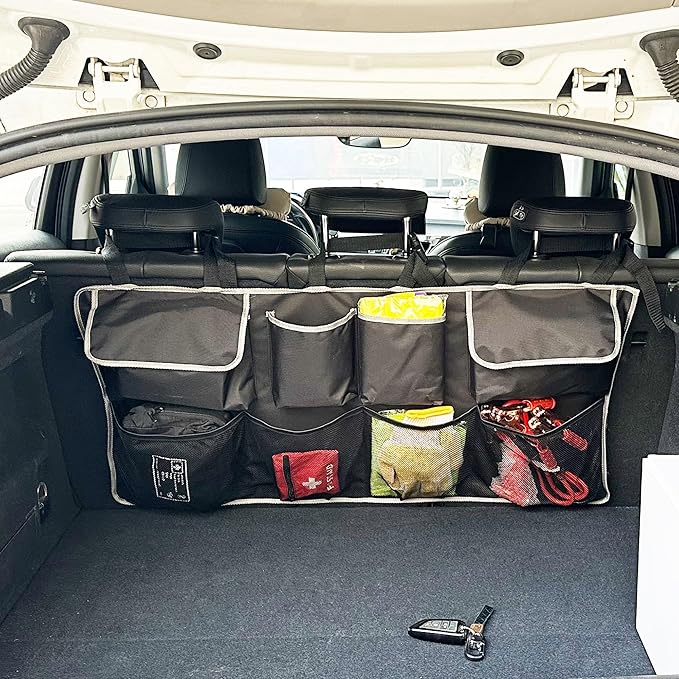 Car Back Seat Trunk Organizer Hanging Bag, Car Interior Organizer Accessories with 4 Pockets and 4 Mesh Pouches,Save More Storage Trunk Space for SUV,Jeep,MPV