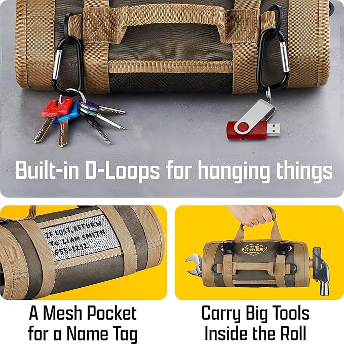 The Ryker Roll Up Tool Bag Organizer Gifts for Dad. Heavy Duty Motorcycle Tool Roll Bag Organizer. Portable Rollup Toolbag w/Detachable Pouches - Tools Bags Mens gifts for him - Mechanic & Electrician
