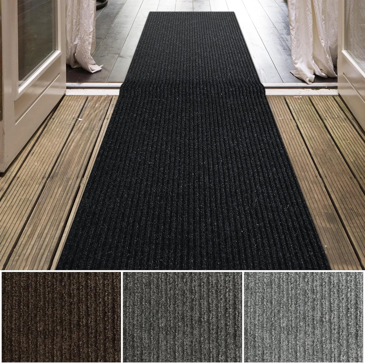 iCustomRug Spartan Weather Warrior Indoor/Outdoor Utility Ribbed Carpet Runner with Non-Slip Thermoplastic Rubber Backing, 28in X 22ft in Black