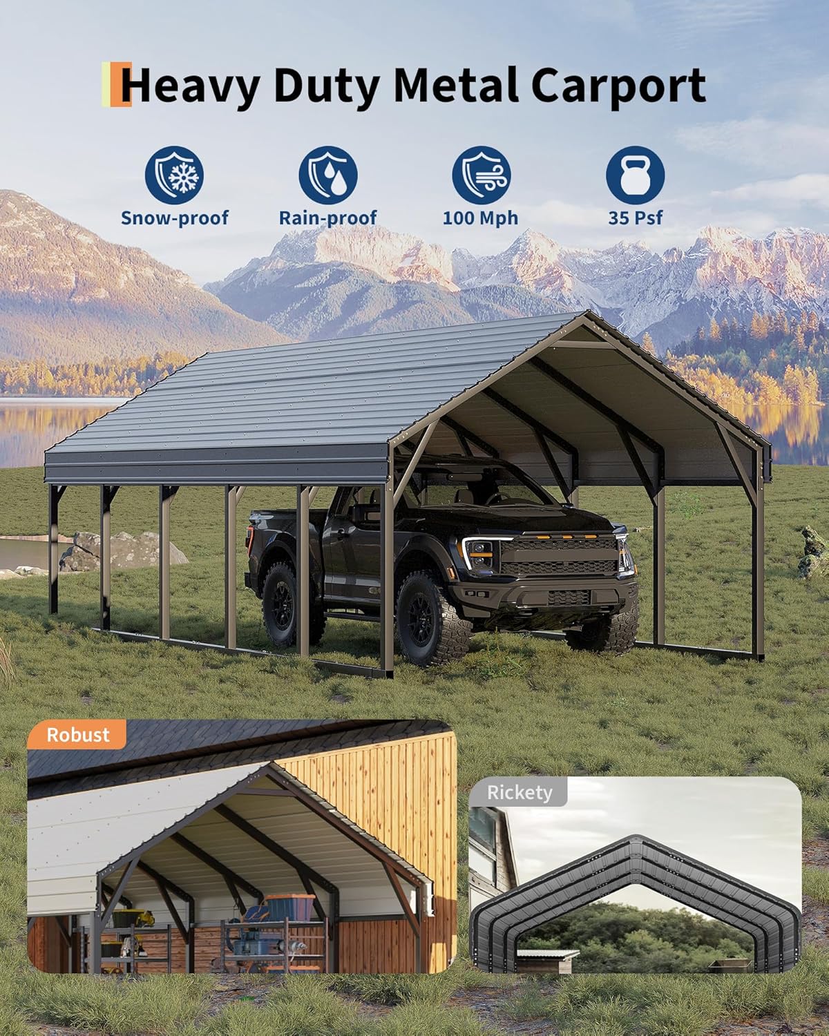 12 x 26 FT Metal Carport, Heavy Duty Carports Reinforced Frame and Steel Roof, All-Weather Shelter Canopy for Pickups, Boats, Cars, and Tractors