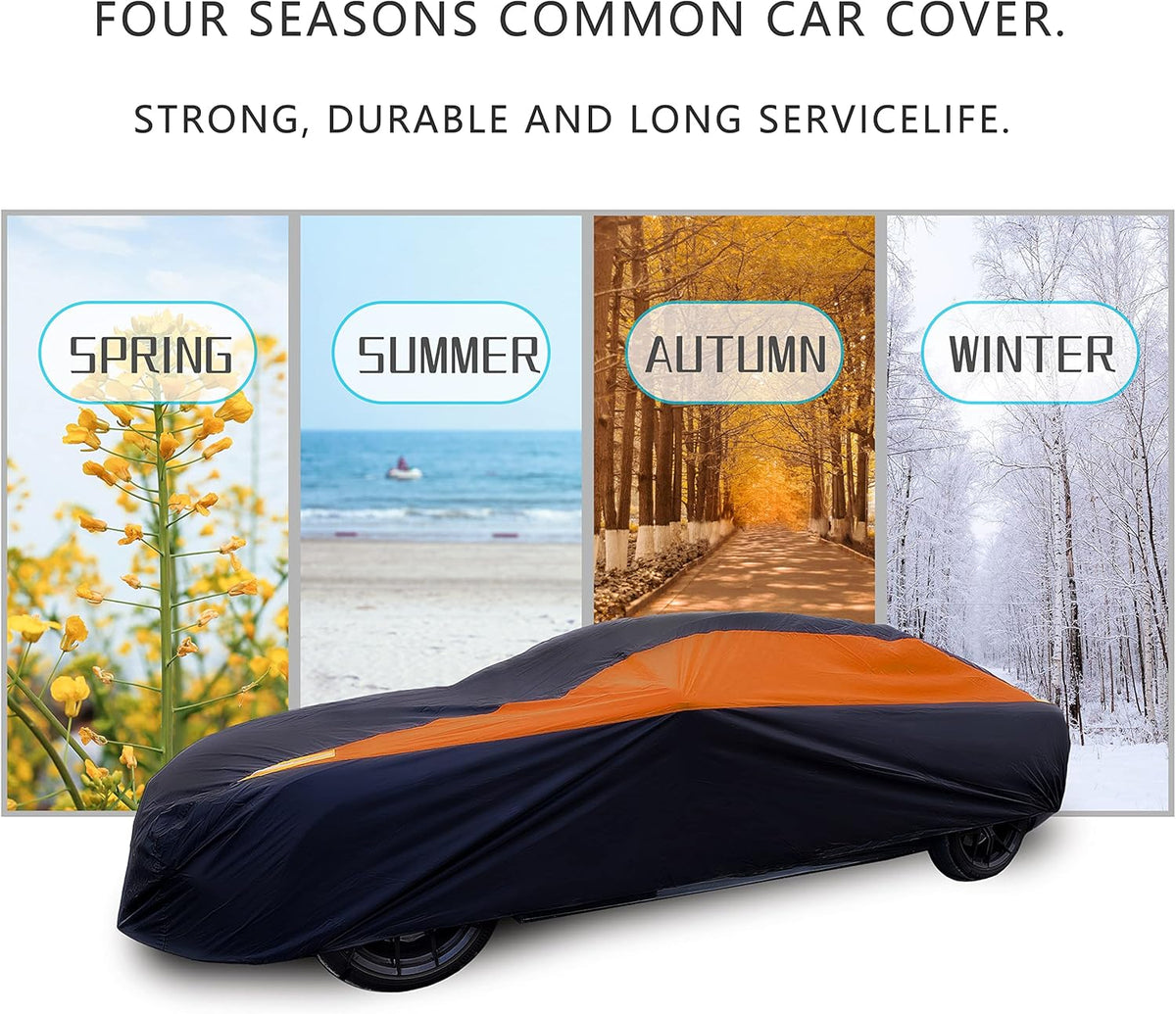 MORNYRAY Waterproof Car Cover All Weather Snowproof UV Protection Windproof Outdoor Full car Cover, Universal Fit for Sedan (Orange, A1-Fit Sedan Length(154-163 inch)