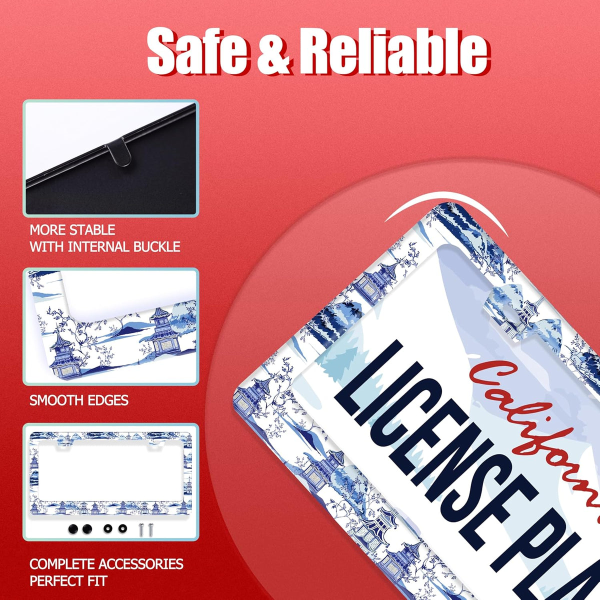 Blue White Porcelain Pattern License Plate Frame Chinoiserie License Plate Frames Funny for Car Decorative Parts Stainless Stee License Plate for Standard Us Canada 12x6 Inch