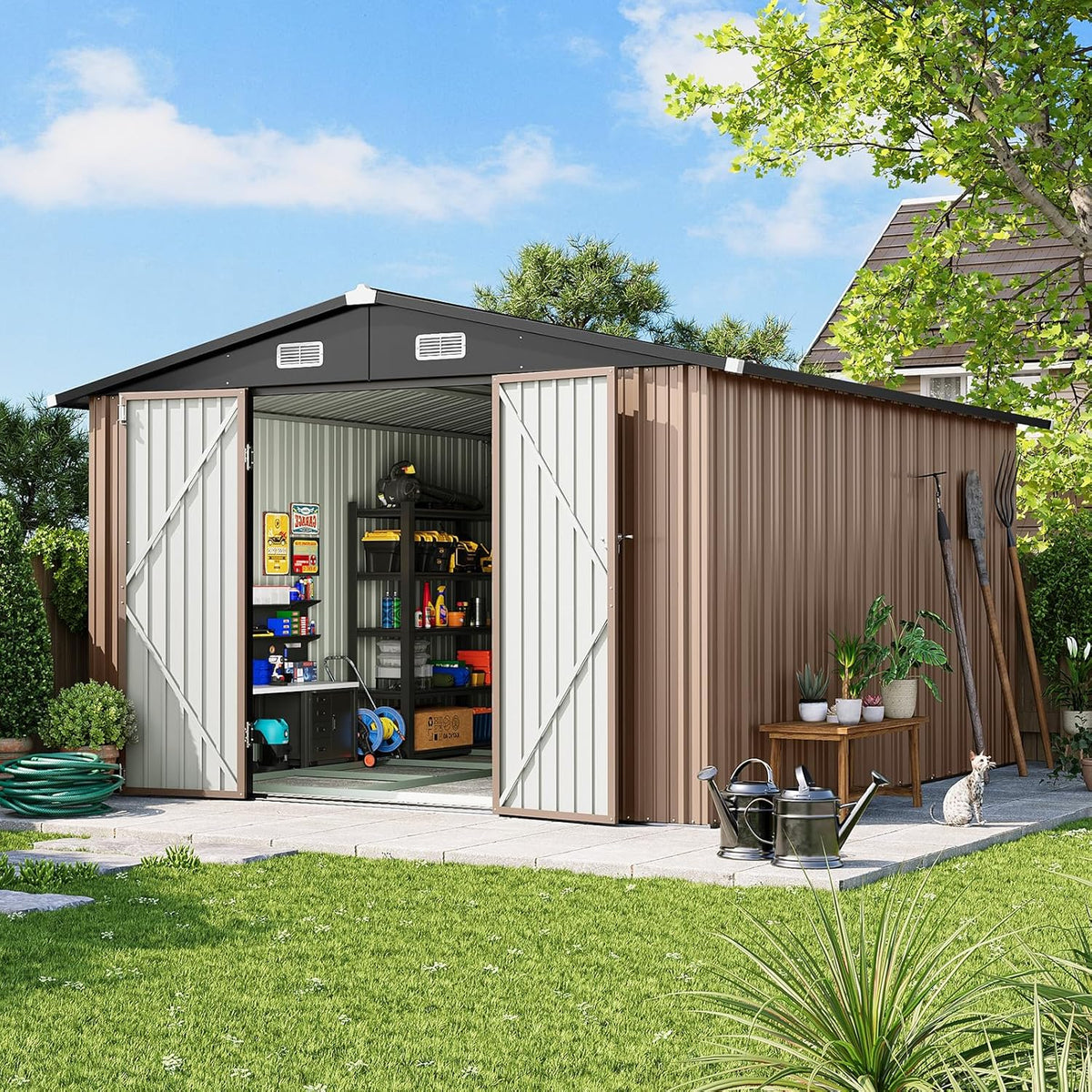 10x12 FT Outdoor Storage Shed Heavy-Duty Galvanized Steel Metal Garden Shed with Lockable Double Doors for Bike, Tool, Generator Storage in Backyard, Patio (10’x12’)
