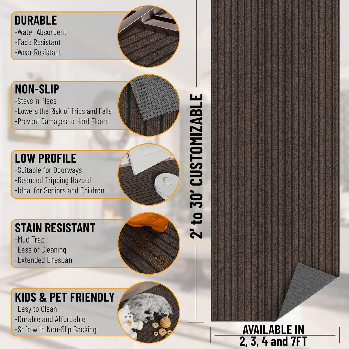 Ottomanson 2'7" x 30' Hallway Runner with Scraper Pile - Extra Durable Non-Slip Rug Mat for Indoor & Outdoor Use - Ideal for Kitchen, Entryway & Garage - High-Traffic Carpet, Brown
