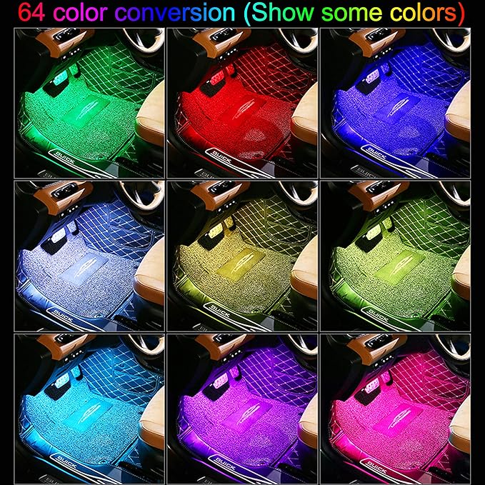 Car Ambient Lighting Kit Bluetooth App Control + RF Remote Control 64 Colors Multicoloured Music Interior Footwell Lighting Kit 12V