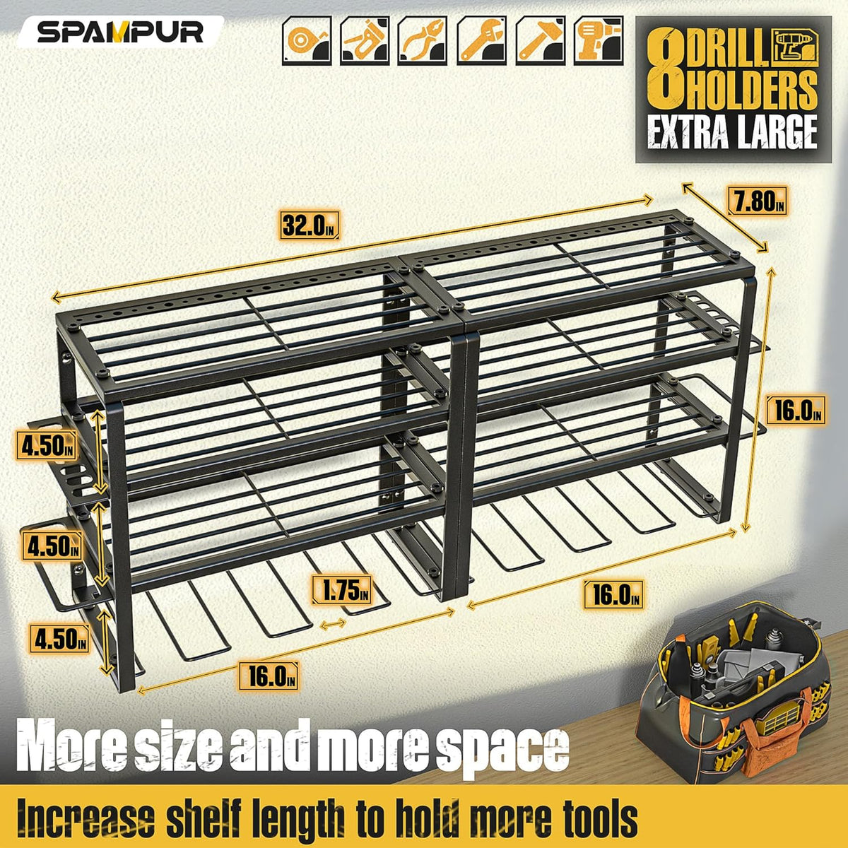 Power Tool Organizer, 15 Min Quick Assembly & Max 420lbs load by Heavy Duty Metal, 4 shelves 8 Slots for Cordless Drill in Garage/Workshop/Pegboard/Shed Suitable for Father's Day