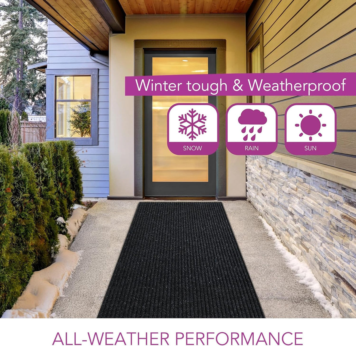 iCustomRug Spartan Weather Warrior Indoor/Outdoor Utility Ribbed Carpet Runner with Non-Slip Thermoplastic Rubber Backing, 3ft X 10ft in Black